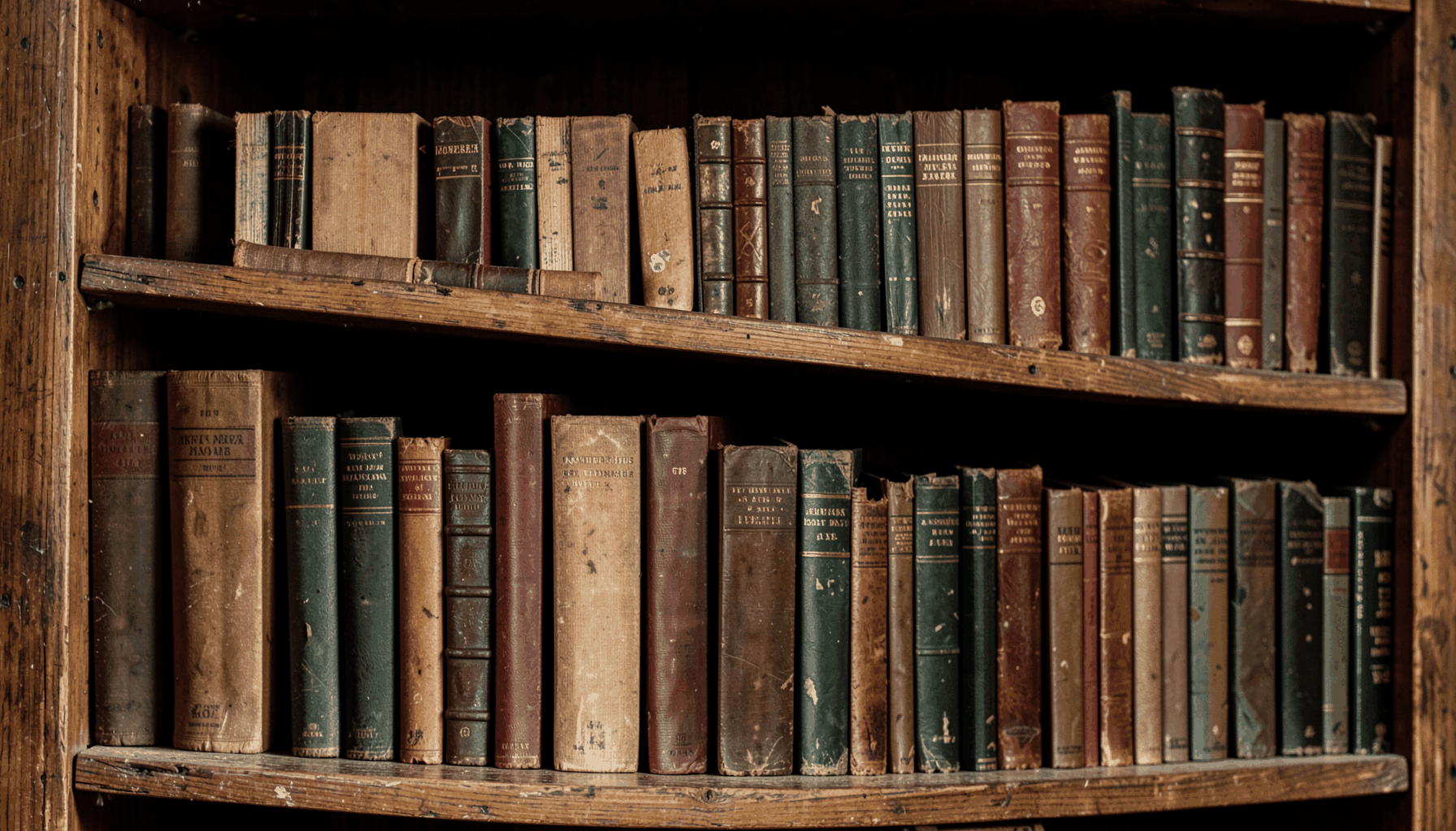 A weathered wooden bookshelf filled with old hardcover books in muted browns, deep reds, and dark greens, softly lit from the side
