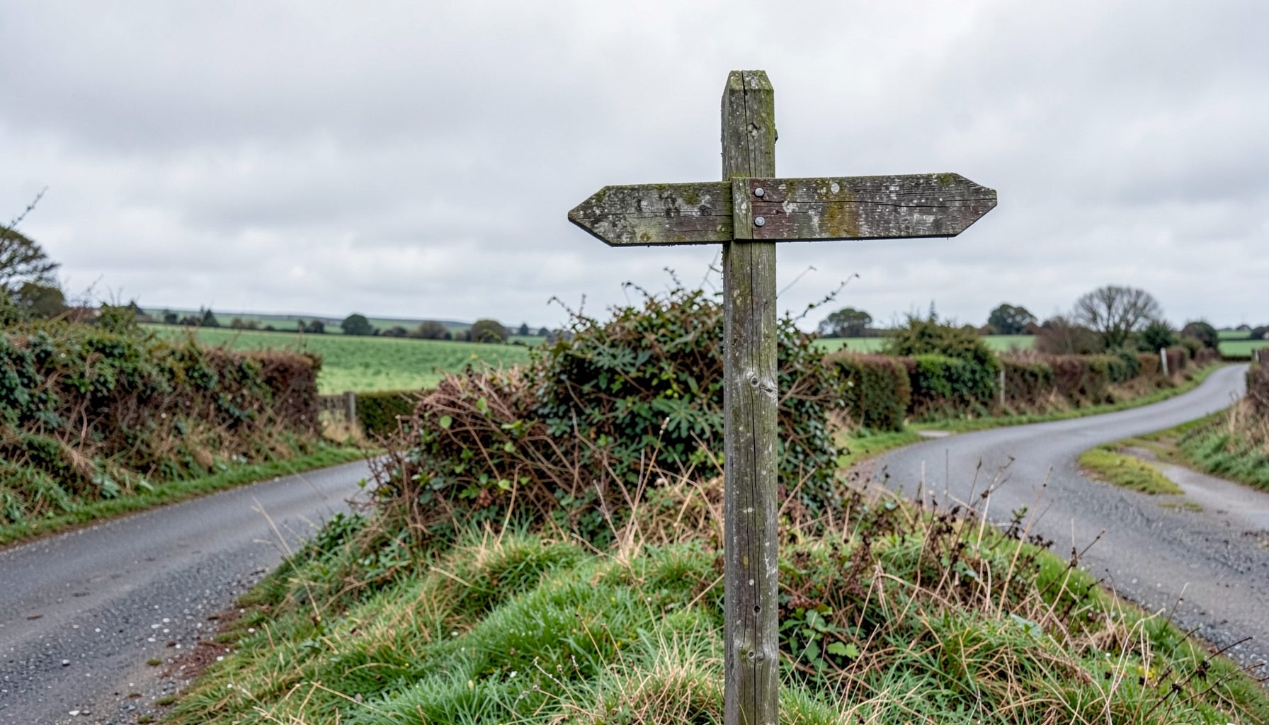 A weathered wooden signpost at a rural crossroads, set against hedgerows and open fields under overcast skies