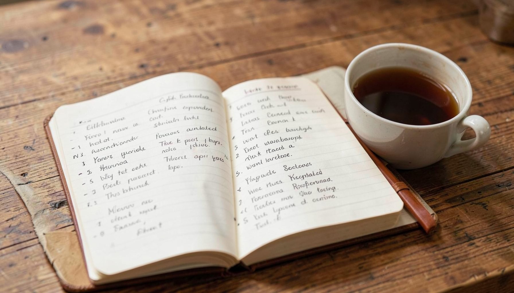 An open notebook with handwritten vocabulary lists beside a cup of tea on a wooden table, warm and inviting