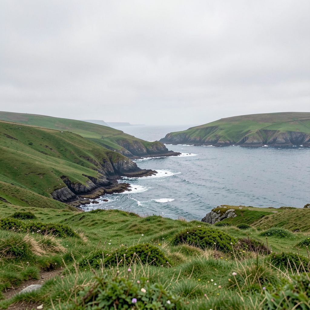 Atmospheric coastal landscape with rolling green hills meeting the sea under a soft grey sky, evoking Cornwall's rugged beauty