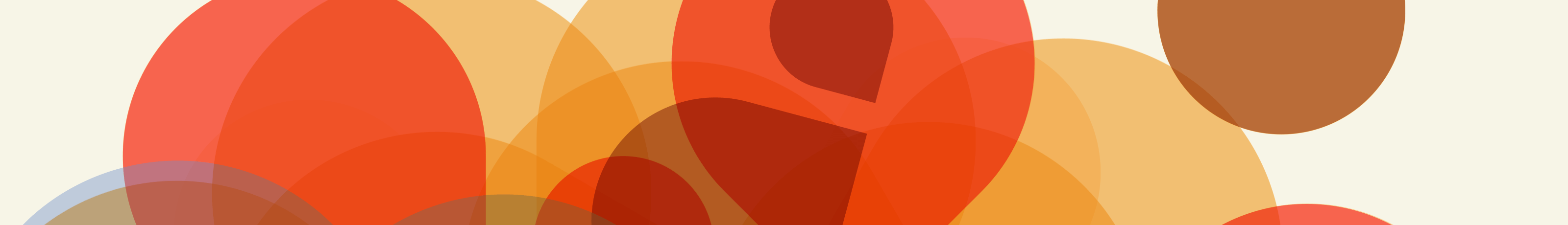 Abstract graphic of overlapping translucent circles in red, orange, and brown tones on a cream background, warm and vibrant